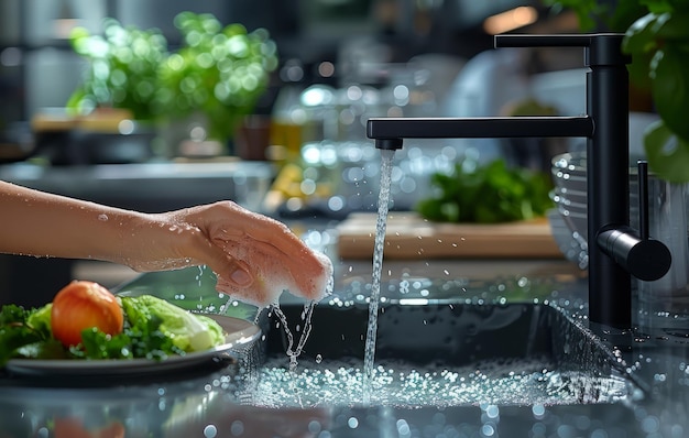 Woman washing hands under tap with vegetables