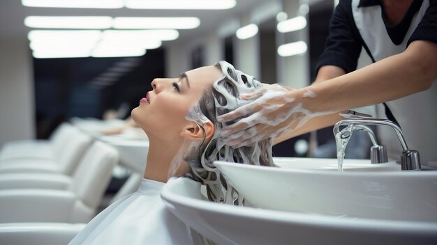 写真 女性がヘアサロンで頭を洗っている