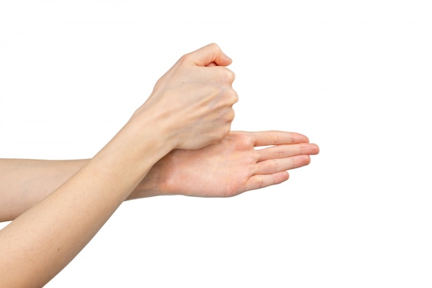 Woman washing her hands isolated on white background