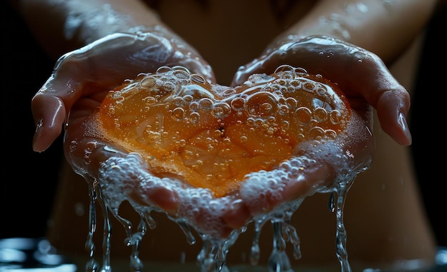 Woman washing her hands with soap in the shape of heart