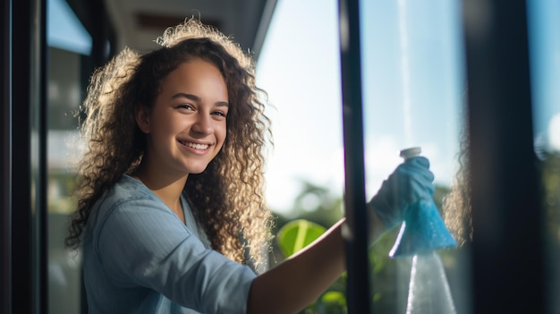 Photo woman washing a window in the house