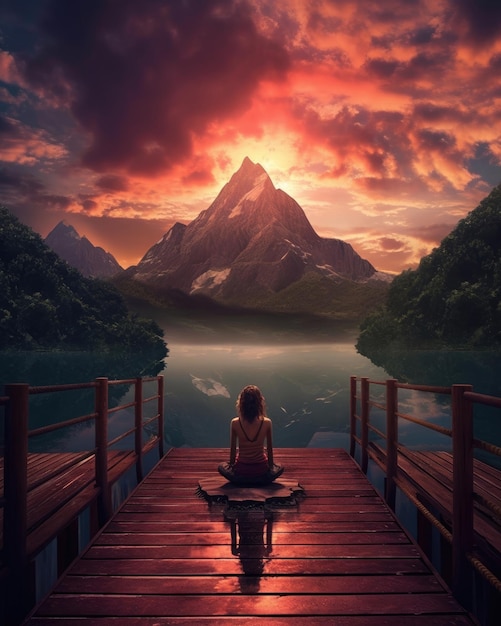 A woman watches the sunset over a mountain range Generative AI