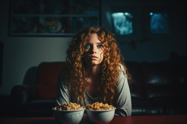 Photo woman watching a horror movie on tv