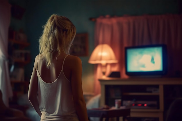 A woman watching a tv in a dark room with a lit up lamp.