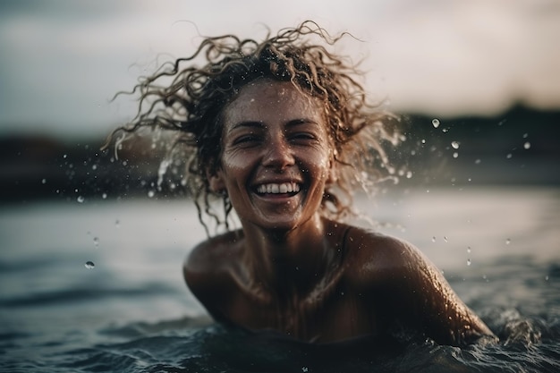 A woman in the water smiling and wearing a wet shirt.