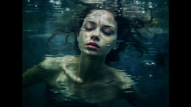 a woman under water with her eyes closed and the water is underwater.