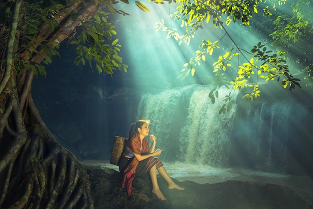 Woman Waterfall Forest image