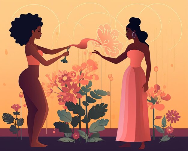 女性の友人のために花を灌<unk>する女性 漫画の平面デザインのイラスト