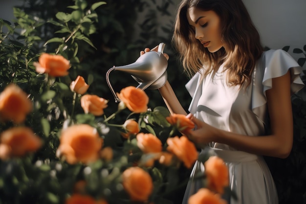 A woman watering flowers in a garden