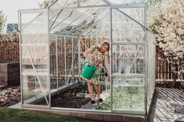 Woman watering greenhose using watering can. Gardening hobby concept.