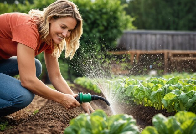 한 여자 가 정원 에 있는 채소 에 물 을 주고 있는데, 빛 이 그 채소 를 비추고 가로질러 필터링 한다