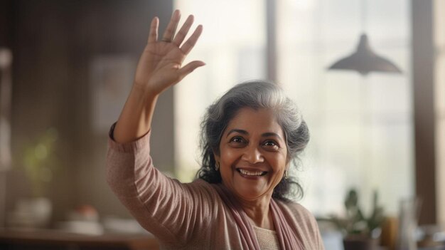 Photo a woman waving with her hand up in the air