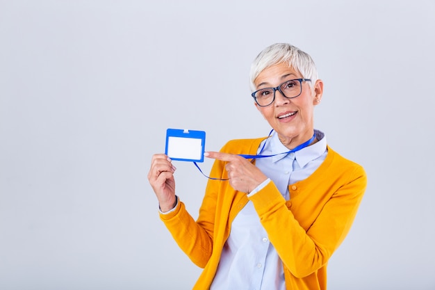 Woman wear blank vertical ID badge mockup