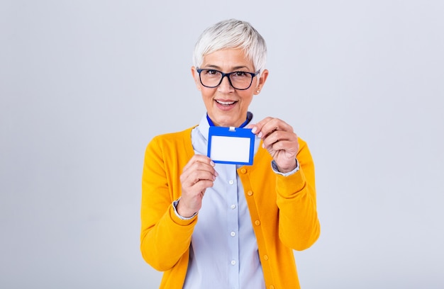 Woman wear blank vertical ID badge mockup