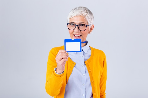 Woman wear blank vertical ID badge mockup