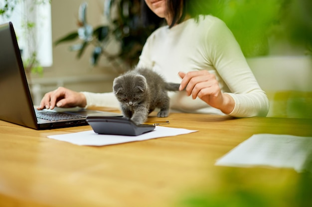 Женщина в удобном стиле работает на черном ноутбуке, а котенок лежит на столе