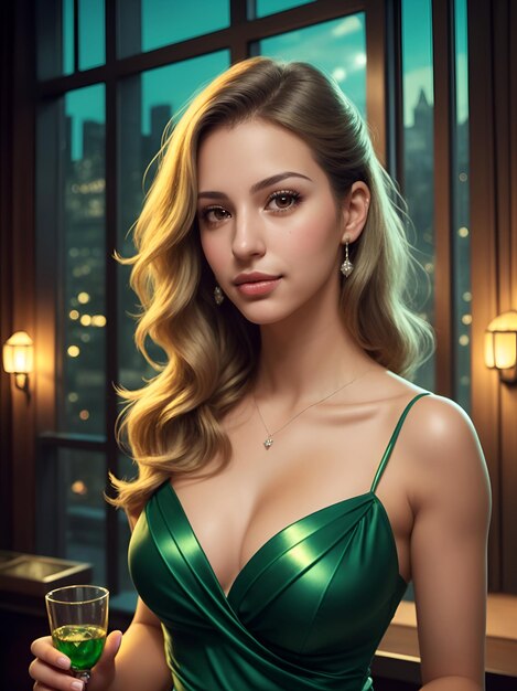 woman wear dark green strapless dresses holding a glass at night images with ai generated