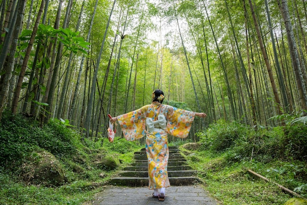 Женщина в кимоно в бамбуковом лесу