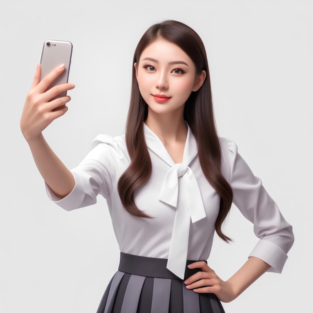 여성이 한국 패션 스타일의 옷을 입고 스마트 폰을 사용하여 AI로 생성 된 셀피를 사용합니다.