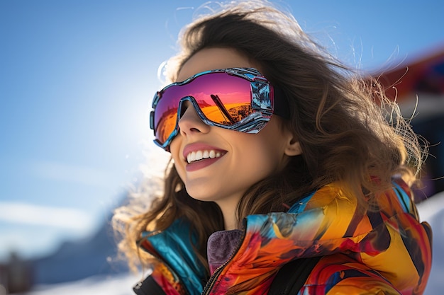 Woman wear sunglasses spending weekend at ski