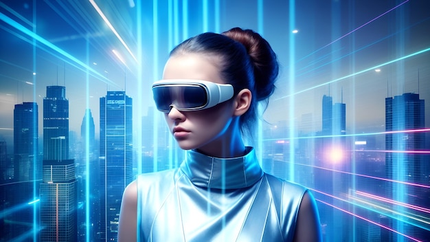 Женщина носит VR-очки в будущем современный городской пейзаж быстрые цифровые эффекты изображения с искусственным интеллектом