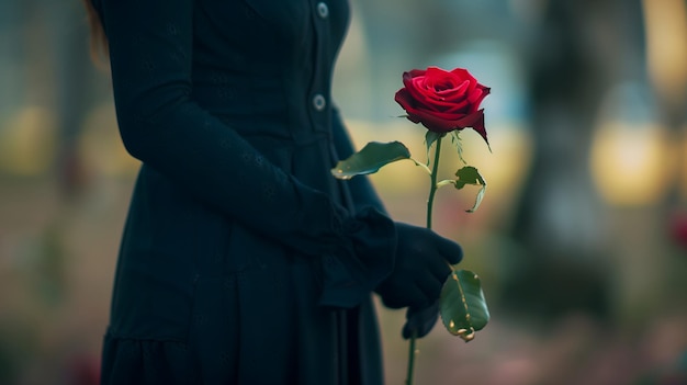 Woman wearing all black holding single red rose on funeral Graveyard cemetary background