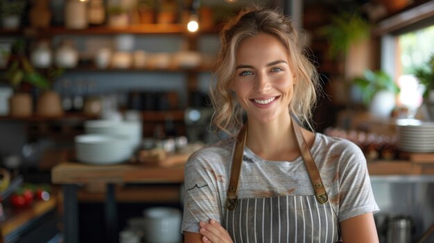 A woman wearing an apron smiles directly at the camera