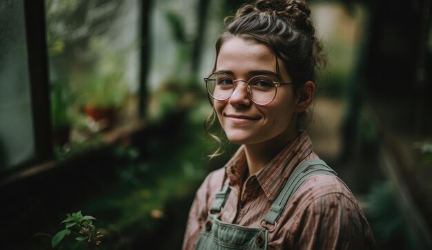 A woman wearing an apron stands in a greenhouse, wearing an apron and glasses.