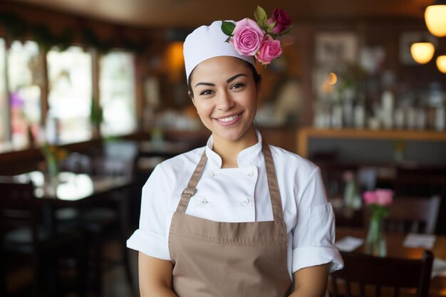 Photo a woman wearing an apron that says  hibiscus  on it