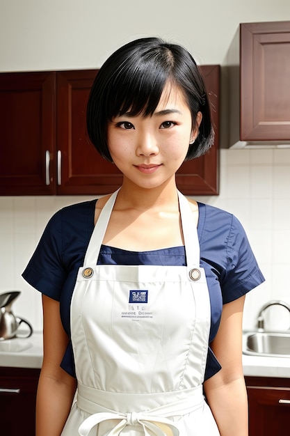 A woman wearing an apron that says'm'on it