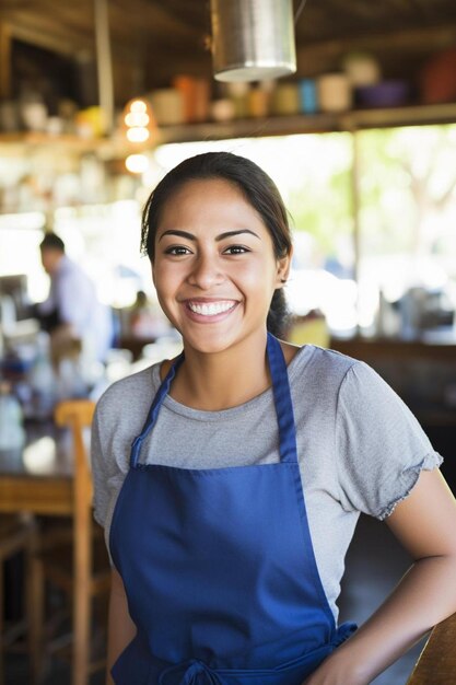 Photo a woman wearing an apron that says  shes smiling