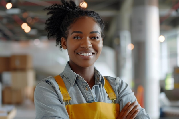 a woman wearing an apron that says  shes wearing a yellow apron