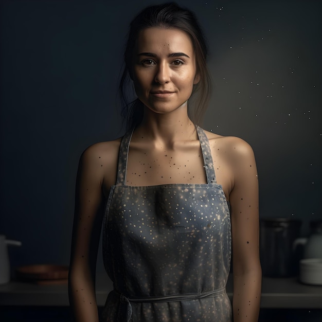 A woman wearing an apron with freckles on it