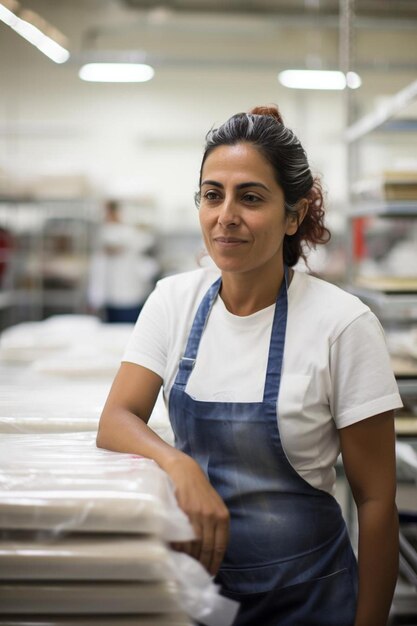 Photo a woman wearing an apron with the word  she is sitting in a kitchen