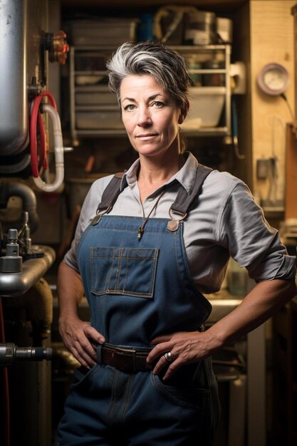 a woman wearing an apron with the word  w  on it