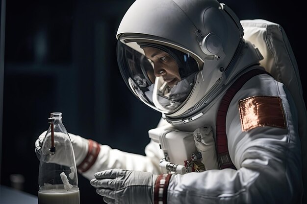 Foto una donna che indossa una tuta da astronauta versando liquido in un