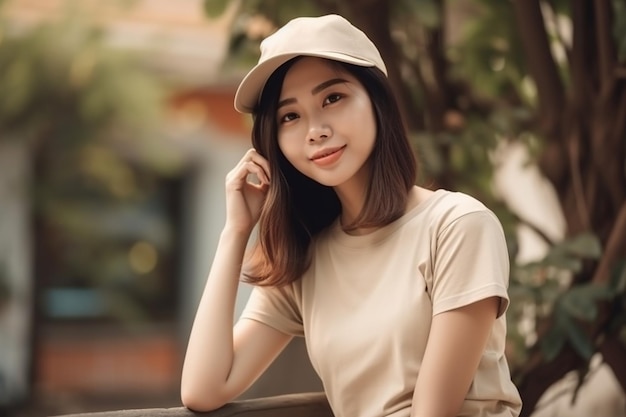 A woman wearing a beige cap and a beige shirt sits on a bench in a park.