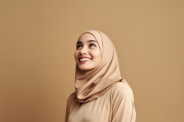 A woman wearing a beige hijab looks up into the sky