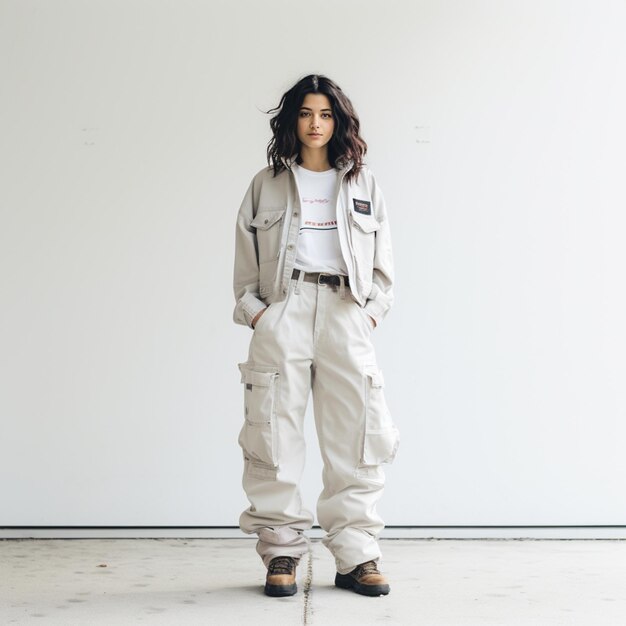 woman wearing a beige overalls made of cotton drill