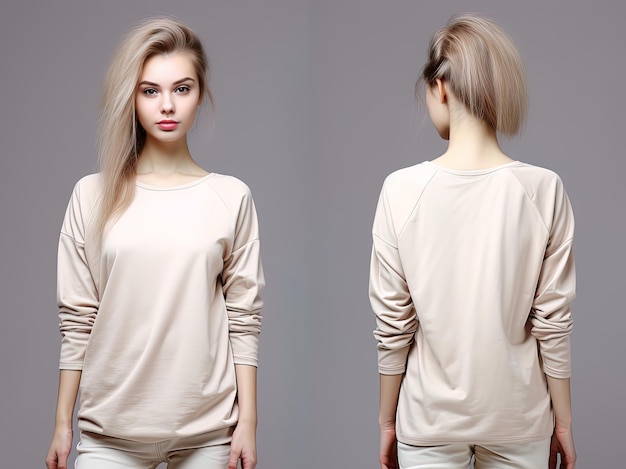 Woman wearing a beige Tshirt with long sleeves Front and back view