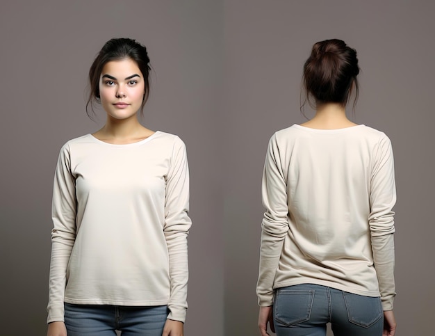 Женщина в бежевой футболке с длинными рукавами, вид спереди и сзади
