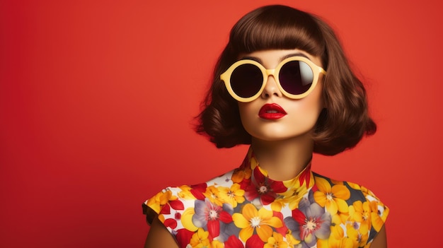 Woman wearing big sunglasses Creative 60s retro summer background