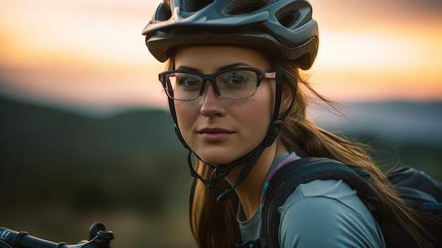 A woman wearing a bike helmet and glasses looks at the camera.