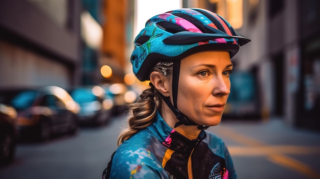 A woman wearing a bike helmet stands in the street.