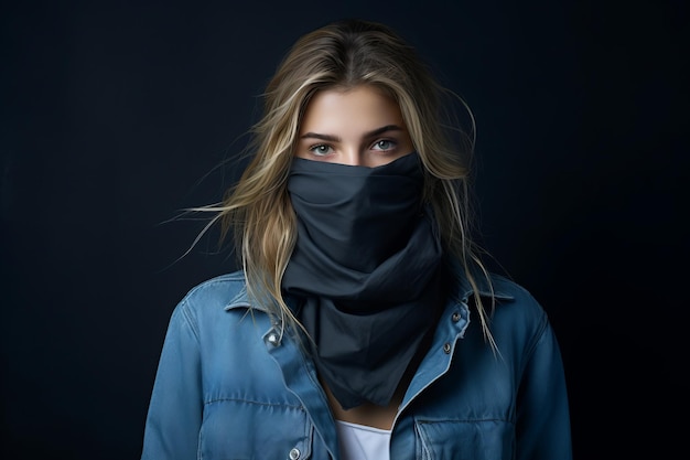 a woman wearing a black bandana over her face