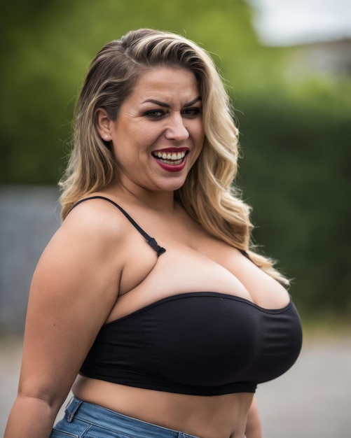 Photo a woman wearing a black bra top and jeans