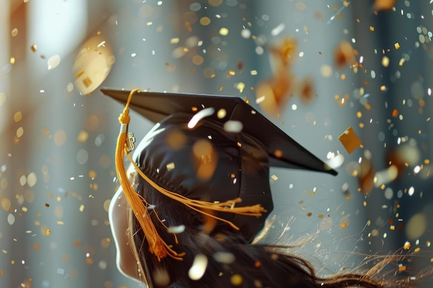 Foto una donna che indossa un cappello e un abito neri è circondata da confetti d'oro