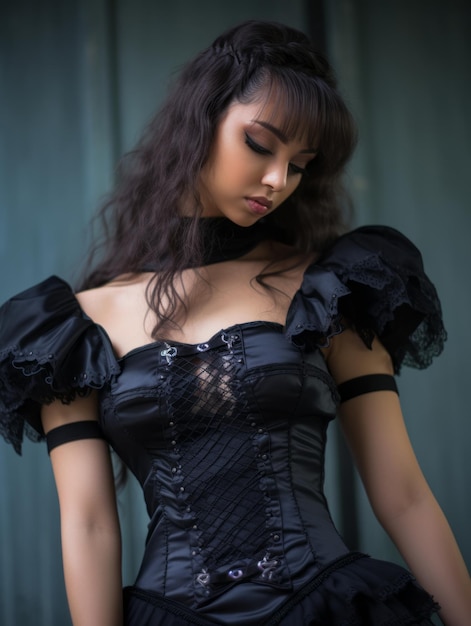 a woman wearing a black corset and black dress