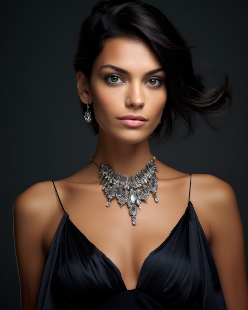 Woman wearing black dress and necklace