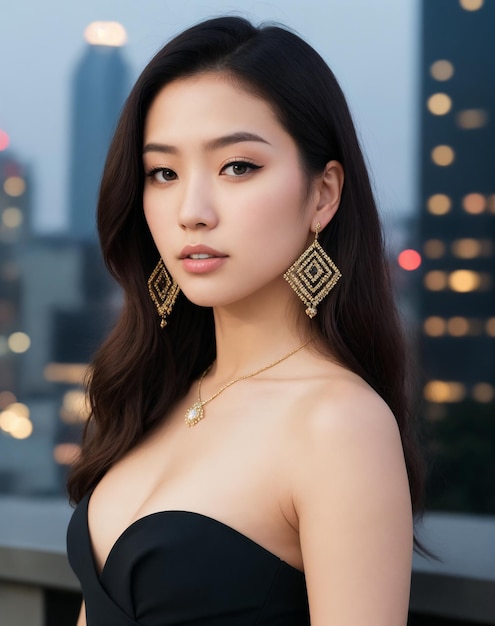 A woman wearing a black dress with a diamond pattern on her neck stands in front of a city skyline.